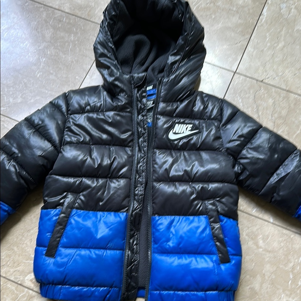 Nike Black and Blue Puffer Jacket with Hood, size 5